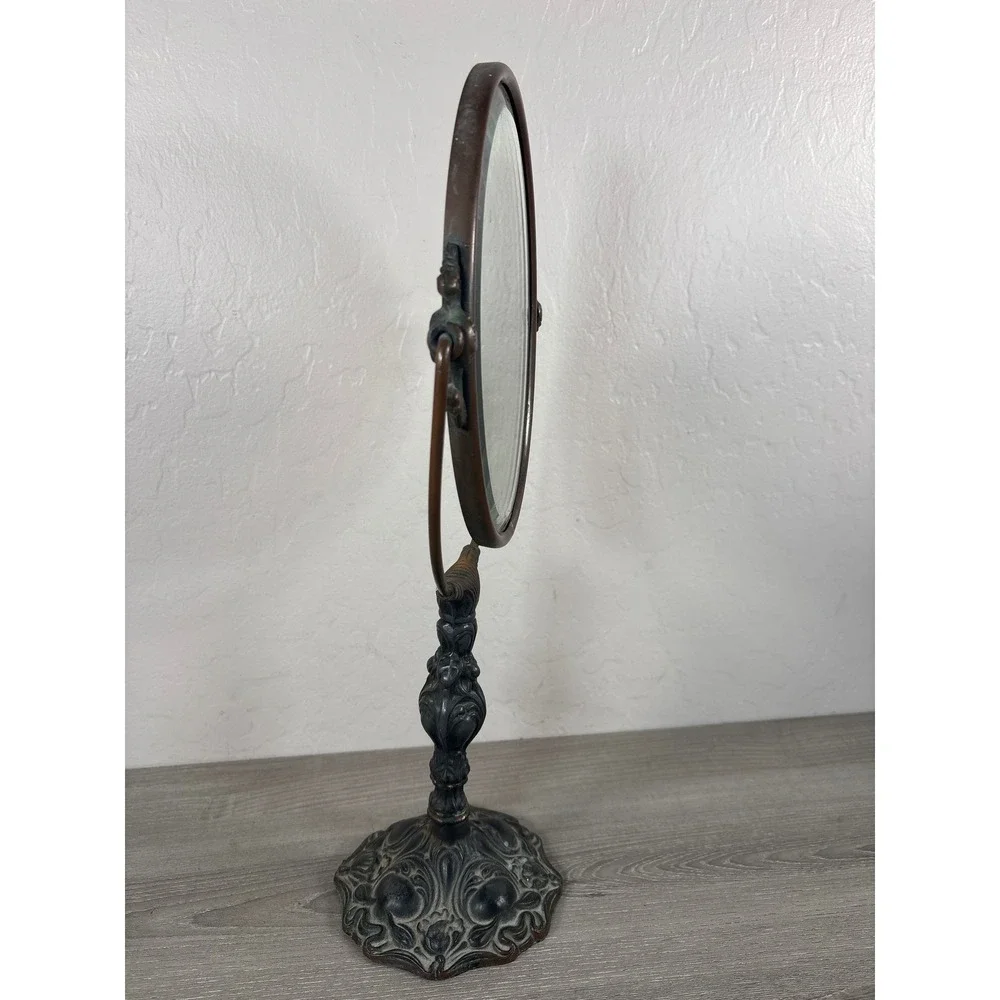 Antique Victorian Art Nouveau Style Cast Metal Swivel Vanity Mirror Ornate Oval